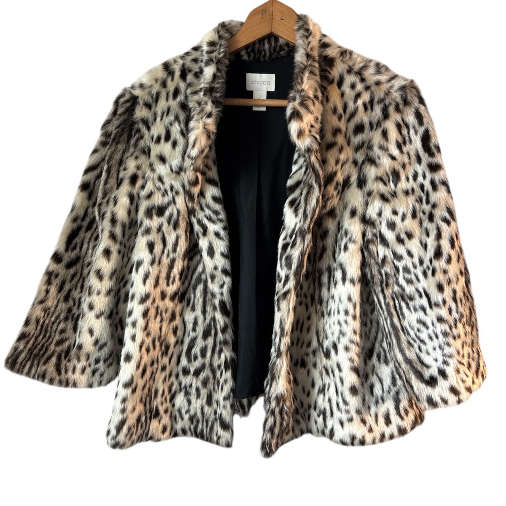 Chico's Faux Fur Leopard Jacket 3/4 Sleeve Size Large MobWife Animal Print